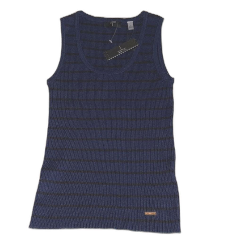 NWT Ladies Tahari Navy & Black Striped Stretch Knit Crew Neck Tank Top Size S